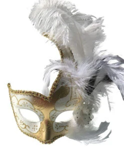Masque Vénitien Avec Plume Or Et Blanc