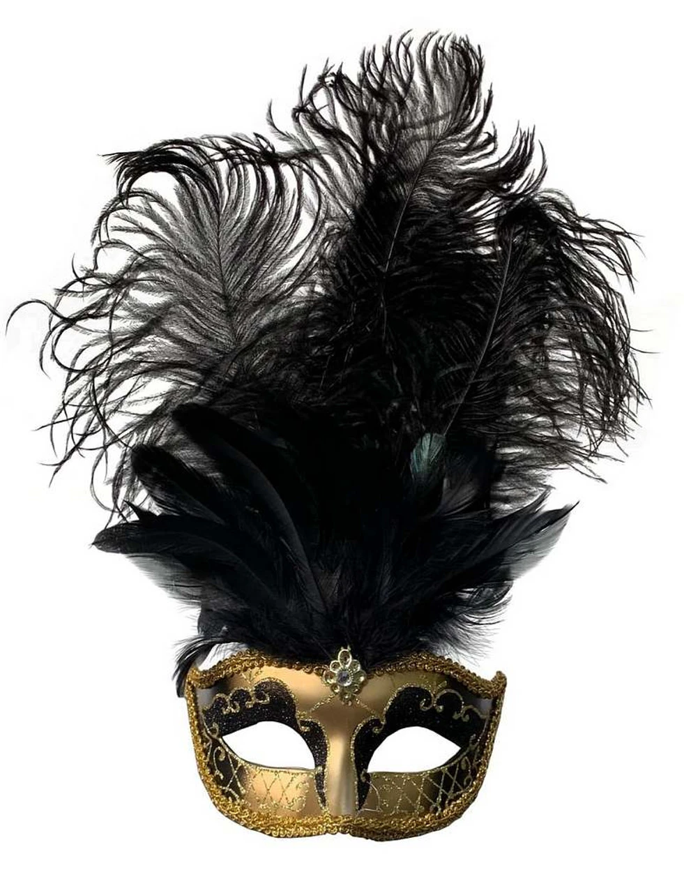 Masque Avec Plumes Centrales Noire/Or