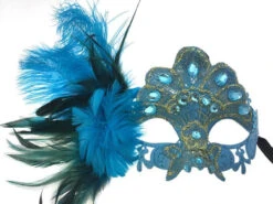 Masque Dentelle Strass Plume D'Autruche Latérale Bleu Ciel