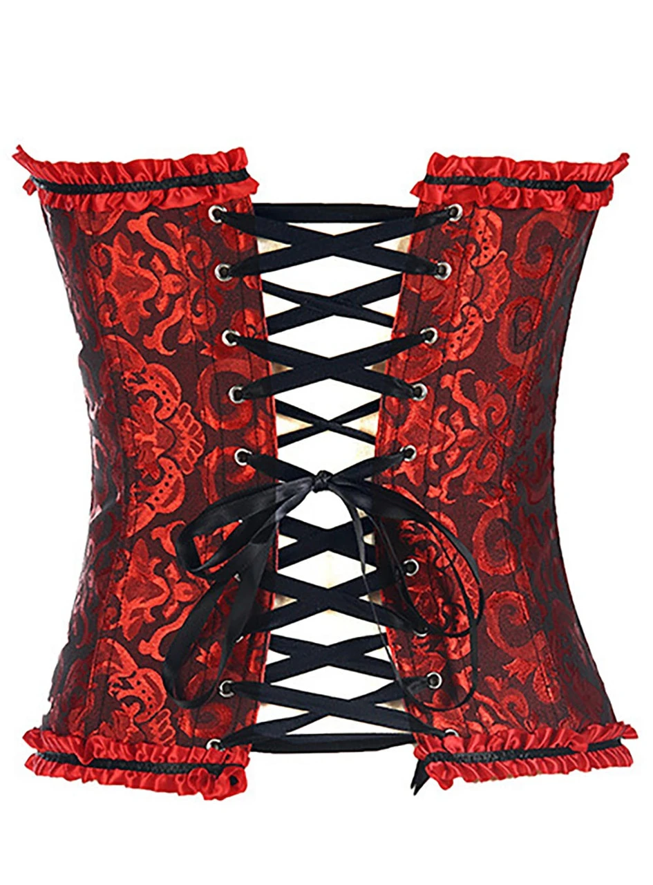 Bustier Corset En Brocart Noir Et Rouge à Lacets – Image 2