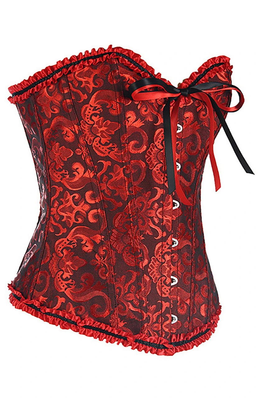 Bustier Corset En Brocart Noir Et Rouge à Lacets – Image 3