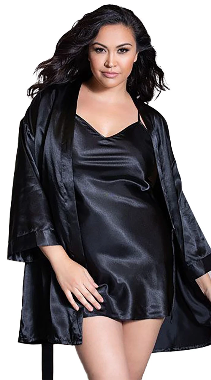 Babydoll En Satin Avec Peignoir En Noir â Image 2